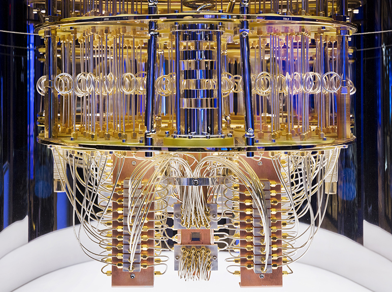 The small chip at the bottom is the quantum computer